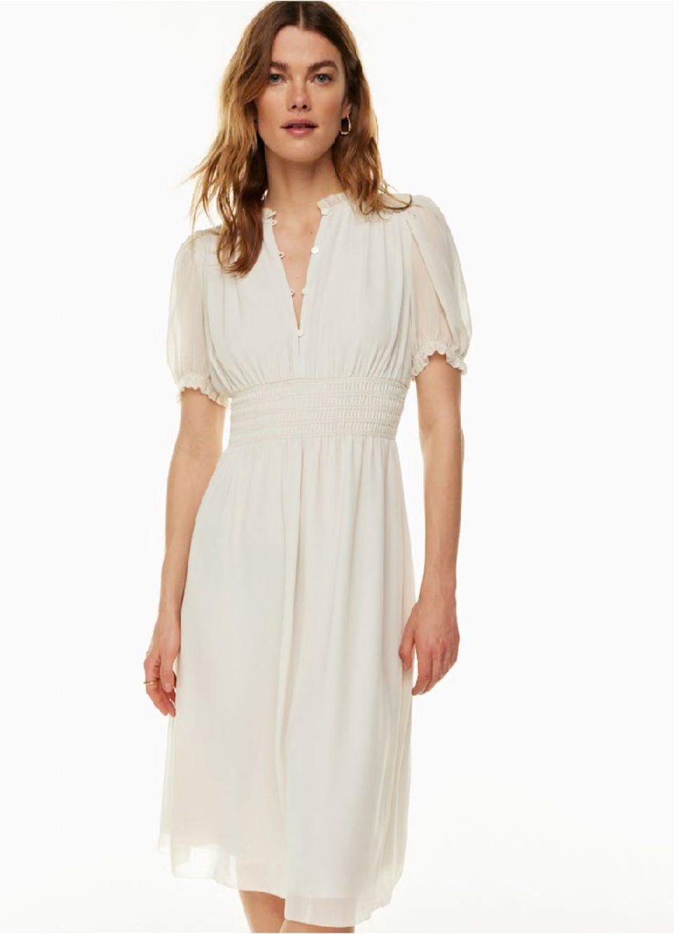 Aritzia Wilfred Daughter Dress Ivory Smocked-Waist Midi Dress with Puff Sleeves